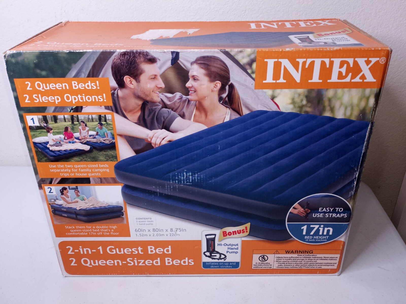 Intex 2 in 1 Guest Bed 2 Queen Sized Air Mattress Beds w/ Hi Output Hand Pump