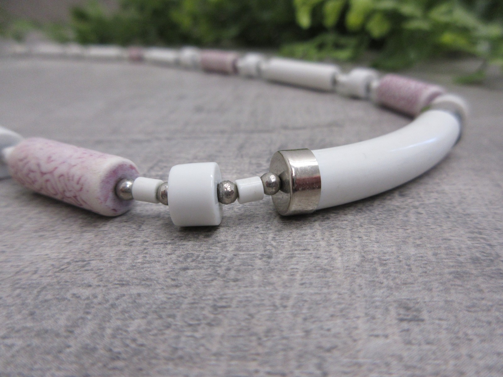 Ceramic Beads Necklace White Pink 24 Inches Native American Inspired Design