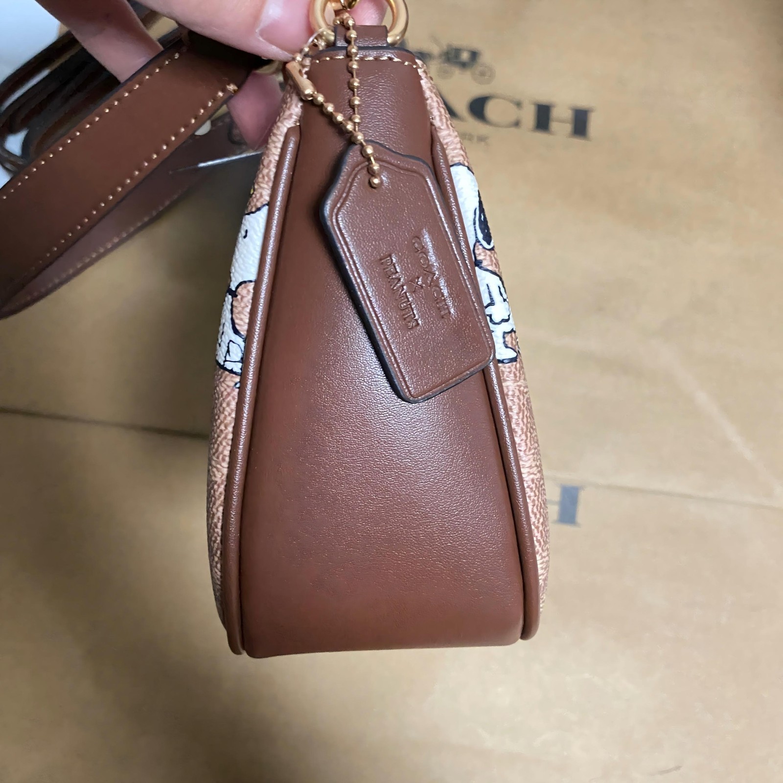COACH x PEANUTS Teri Shoulder Bag Tan Brown Snoopy Print Signature Canvas CBJ88