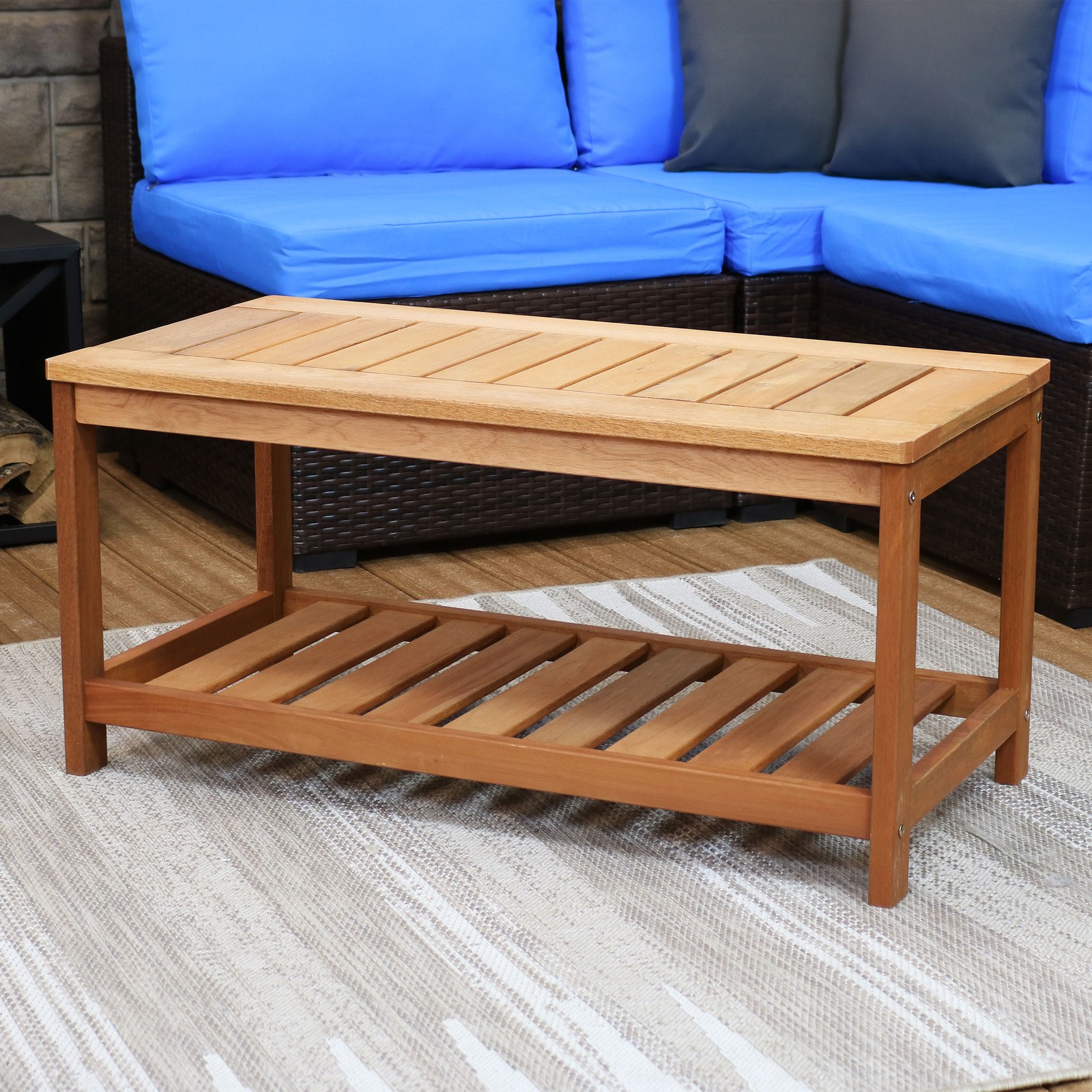 35.25 in Meranti Wood Rectangular Patio Coffee Table with Shelf by Sunnydaze