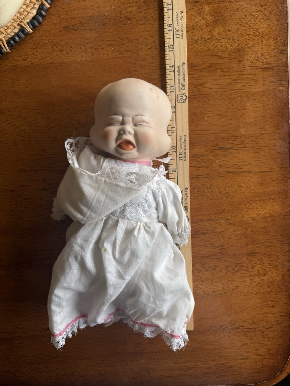 Vintage 13” Three Faced Bisque Porcelain Doll With Bonnet Triple Head Taiwan