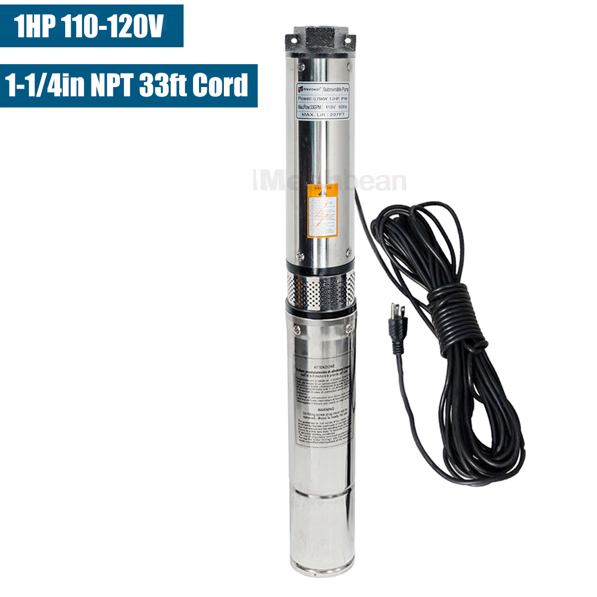 1 HP 4'' Deep Well Submersible Pump ,115V, 33 GPM, 207 ft ,60Hz,Stainless Steel