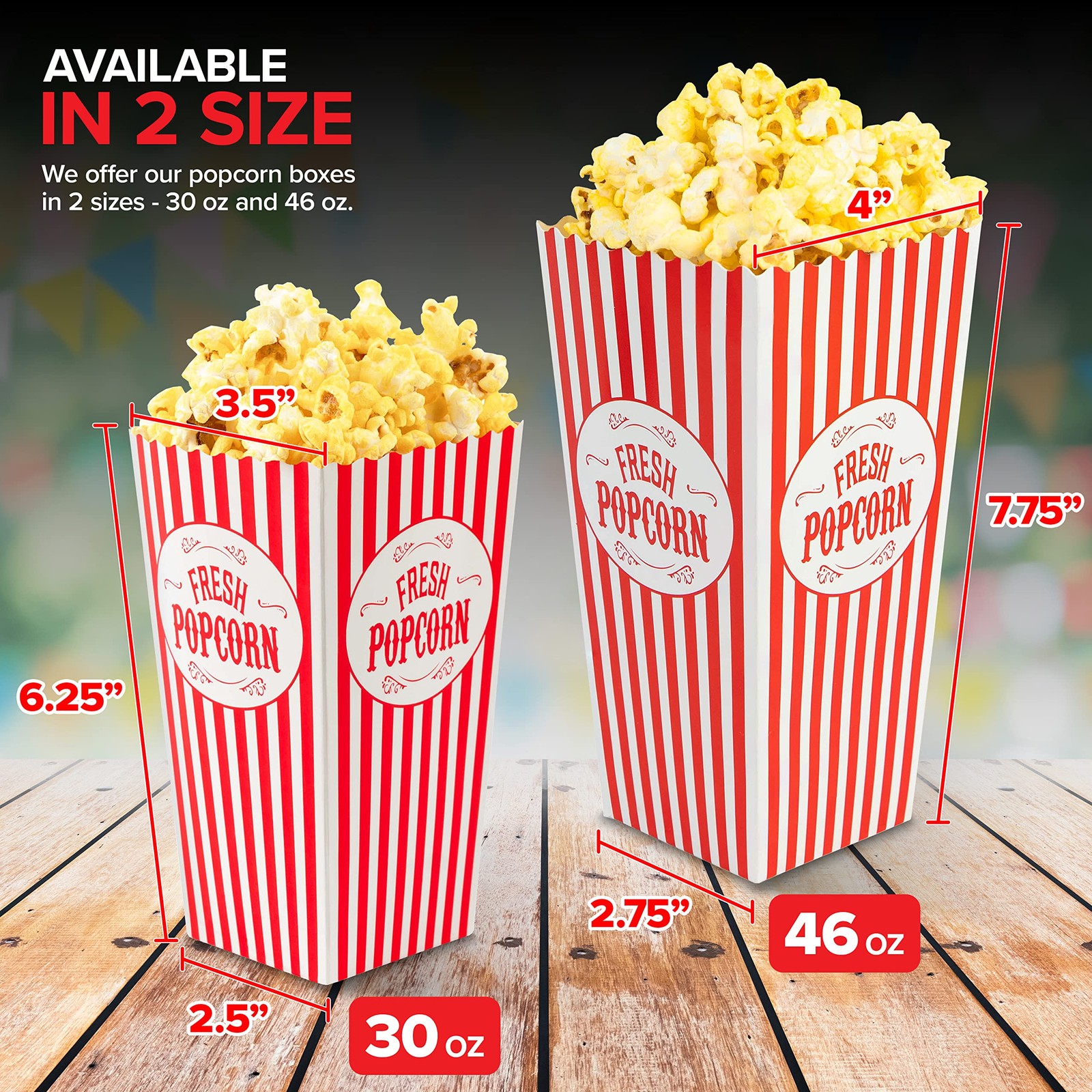 [50 Pack] Movie Theater Popcorn Boxes Disposable Red & White Striped - 30 oz