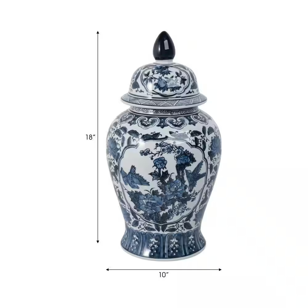 18.25 In. Blue Ceramic Chinoiserie Floral Decorative Jar