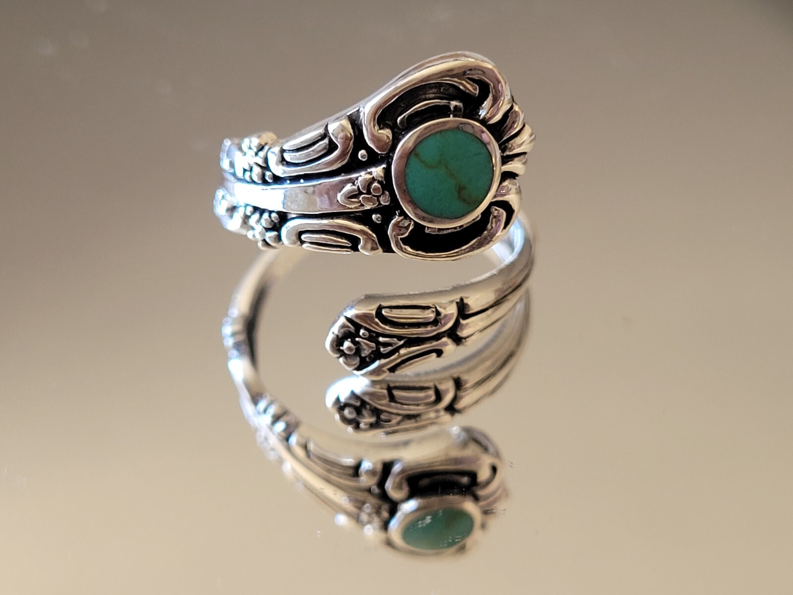 .925 Sterling Silver Victorian Turquoise Spoon Ring Adjustable Spoon Ring Band
