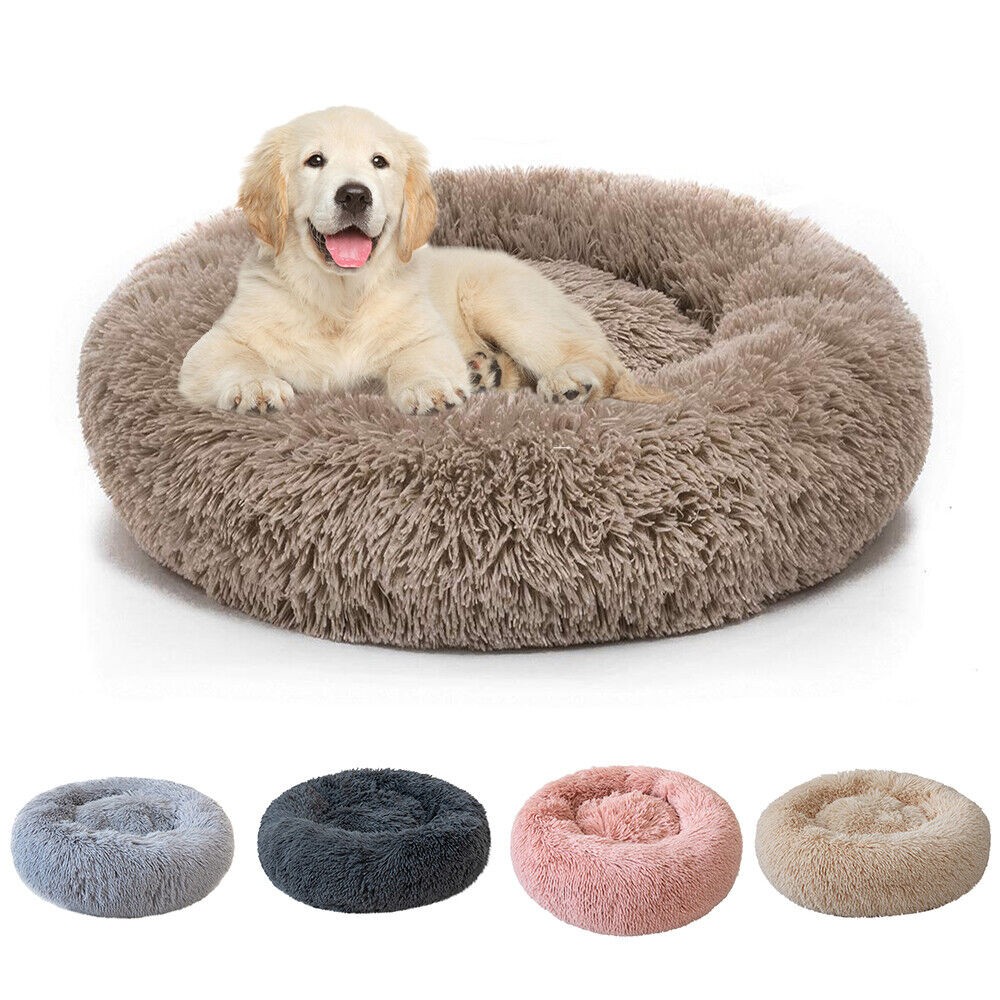 Fluffy Donut Cuddler Plush Pet Bed Dog Cat Soft Warm Round Calming Bed Washable