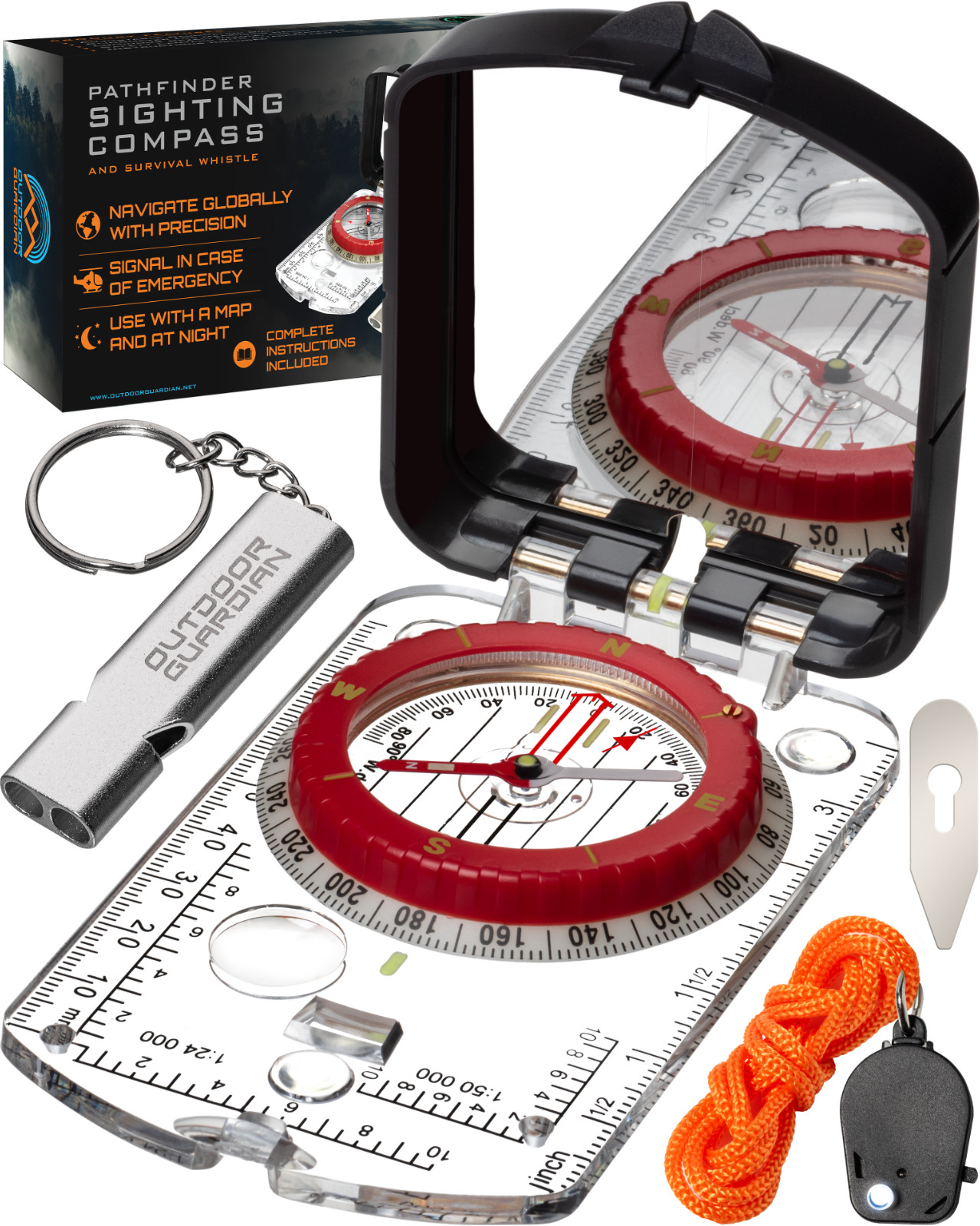 Pathfinder Mirror Sighting Compass w/Global Needle, Declination, Whistle, & LED