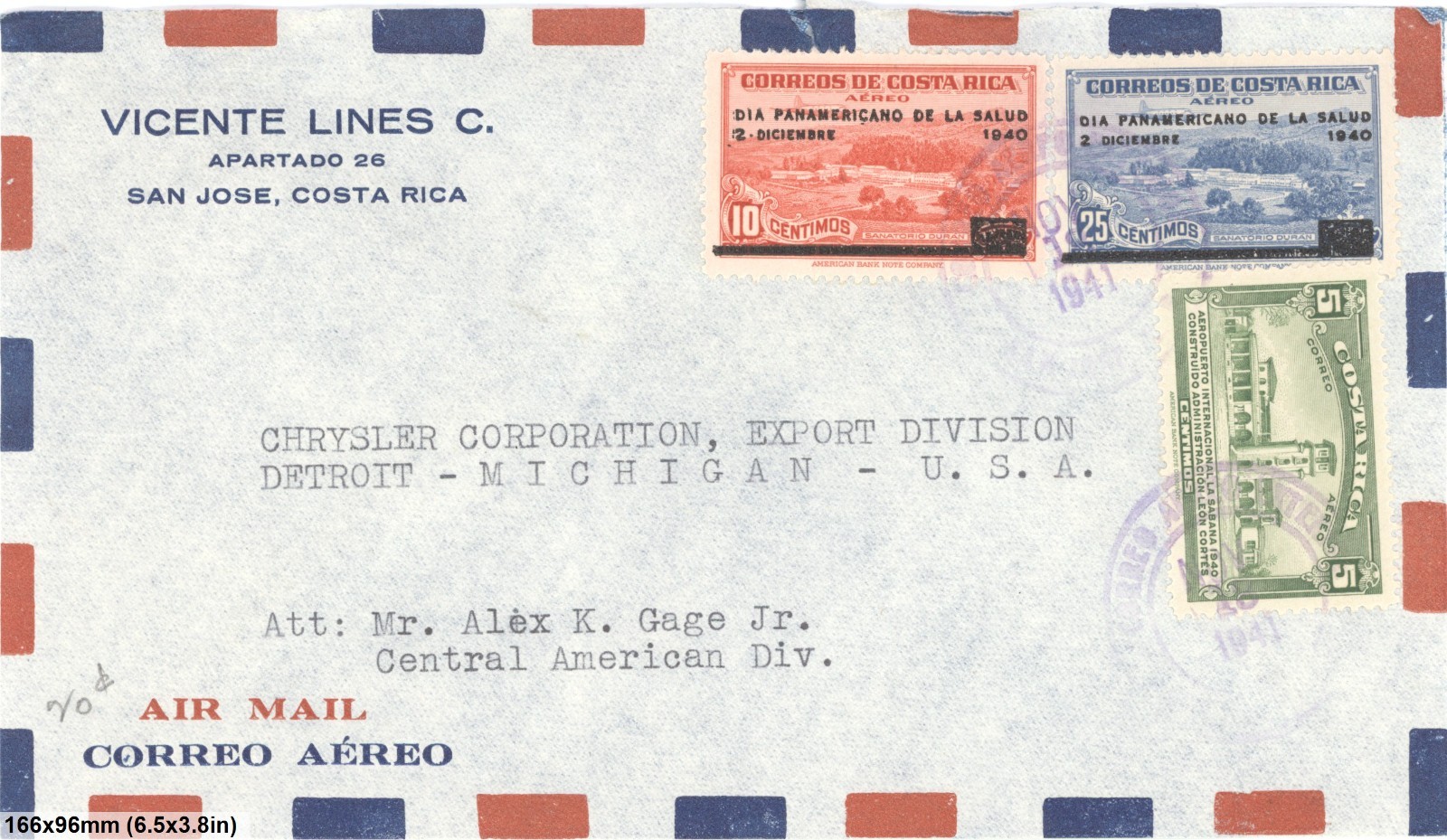 Costa Rica 1941 Airmail Cover To Chrysler Detroit Commercial Mixed Franking