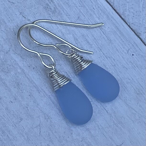 Min Favorit Pale Sky Blue Sea Glass Teardrop & Silver Pl Artisan Wrap Earrings