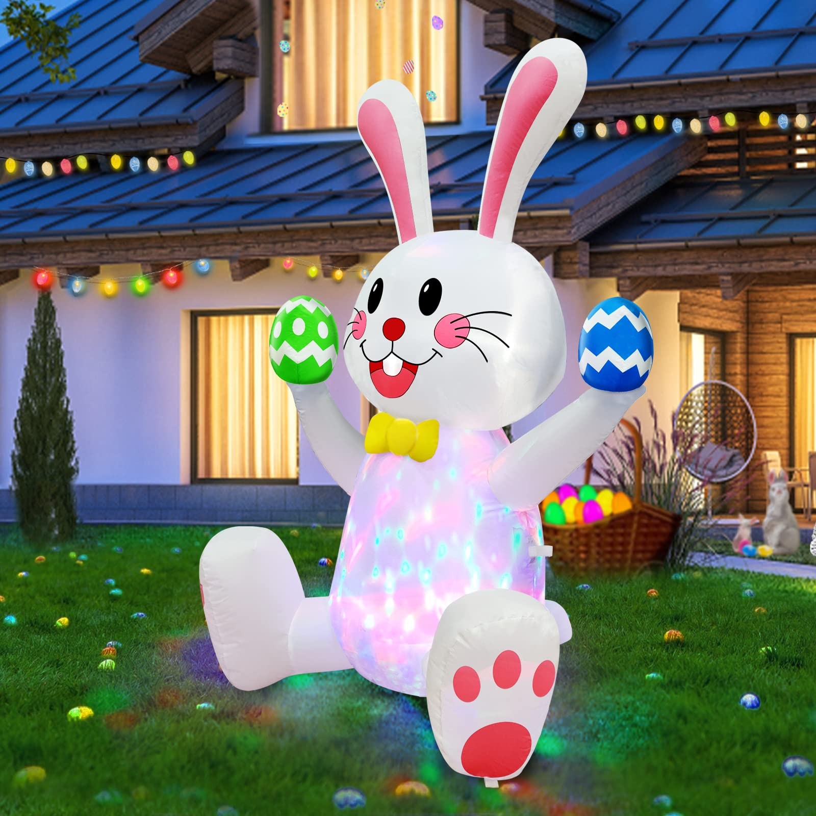 4FT Easter Inflatable Bunny with Rotating Colorful LED Lights - Waterproof Outdo