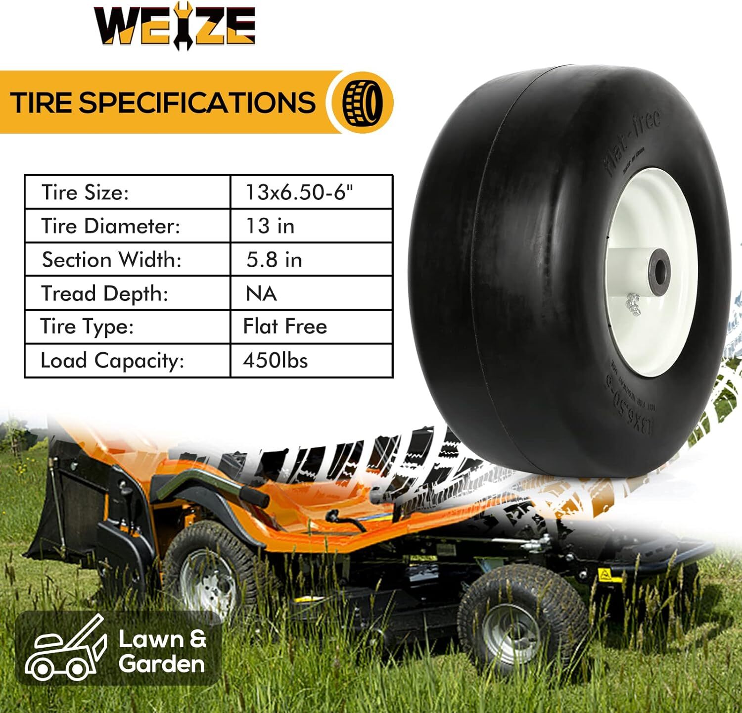WEIZE 13 x 6.50-6 Flat Free Lawn Mower Tires with Rim 450lbs Capacity 13x6.50-6