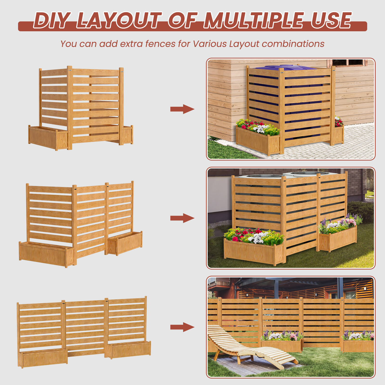 NAIZEA 3 Panels 36"Wx45"H Air Conditioner Fence Privacy Screen with Planter Box