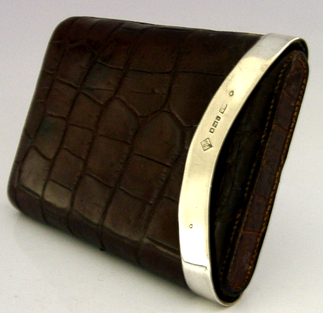 CROCODILE SKIN LEATHER STERLING SILVER CIGAR CASE BLUMFELDS 1913 ANTIQUE