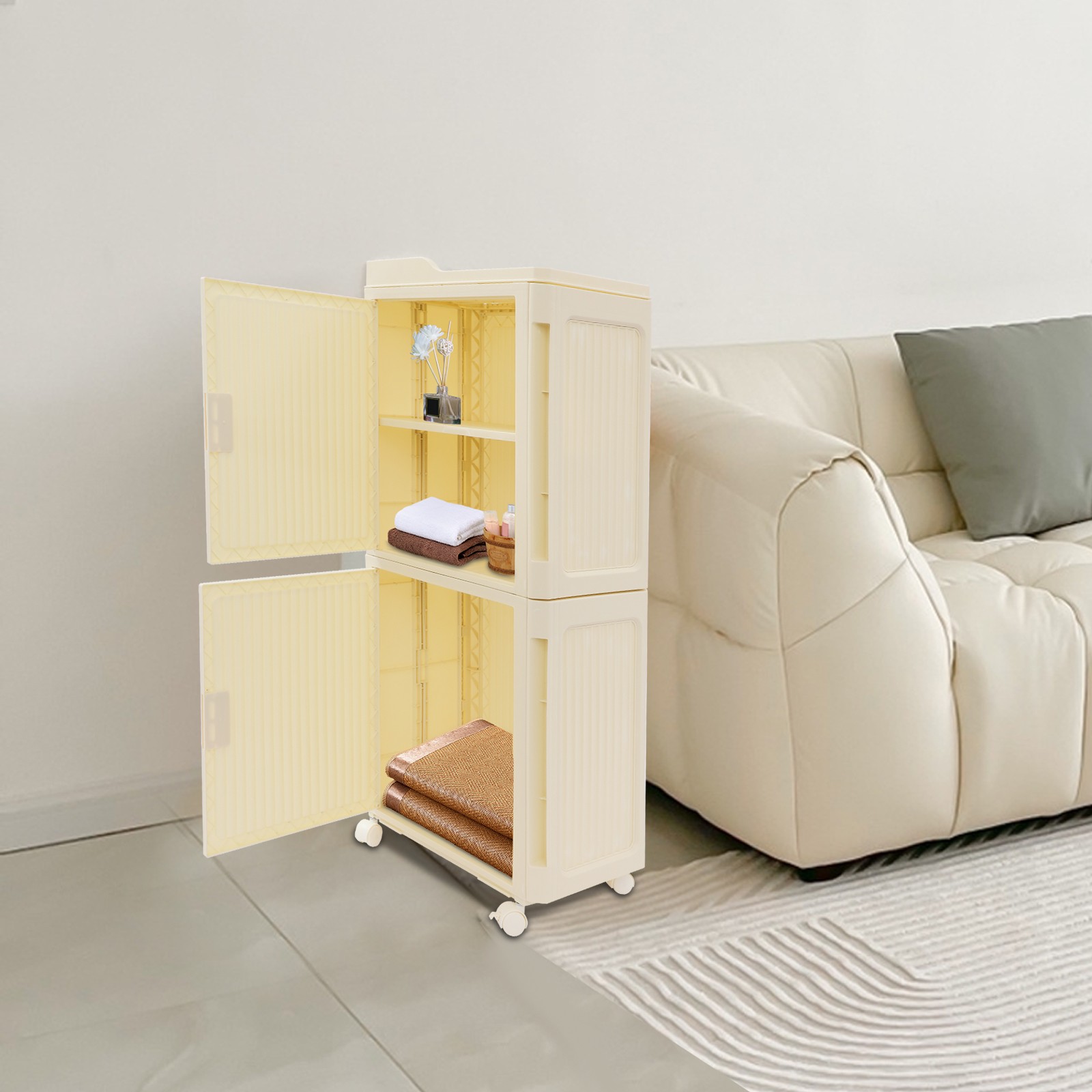 Narrow Slim Storage Cabinet, Storage Cabinet with Lockable Wheels PP 37*22*83cm