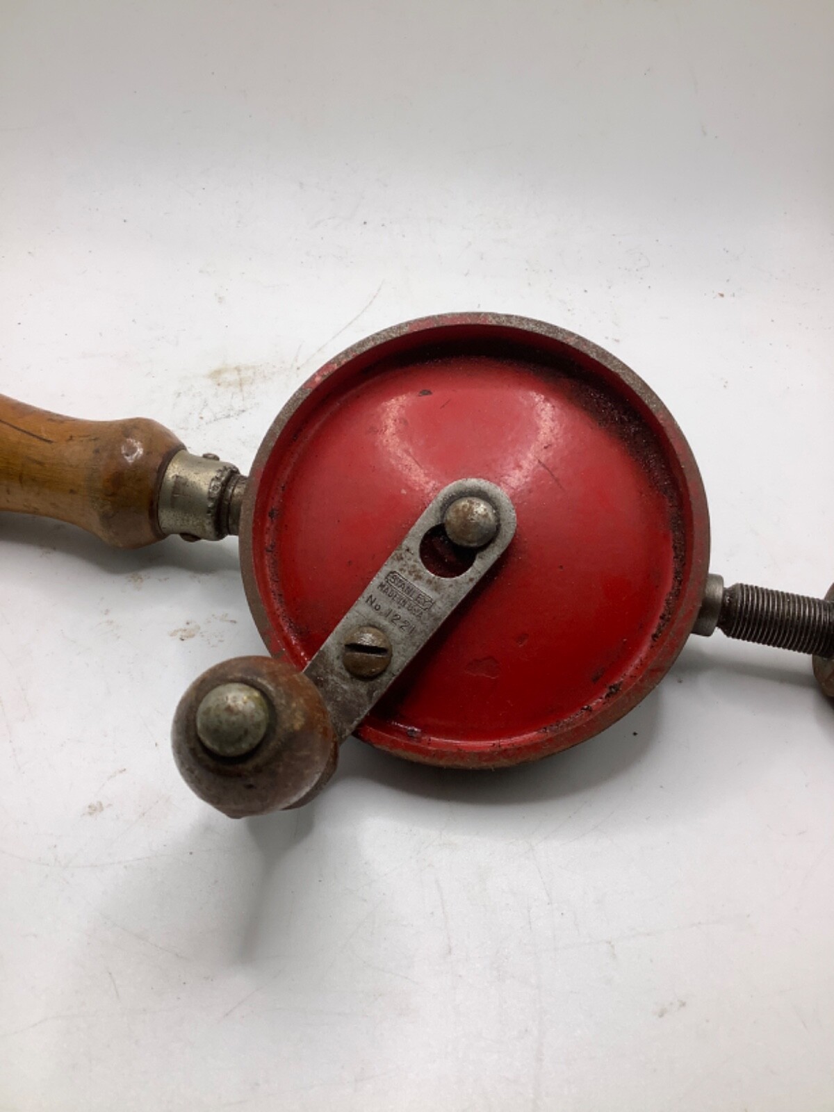 VTG Hand Crank Drill Stanley No 1221 Egg Beater tyle USA Wood Handle