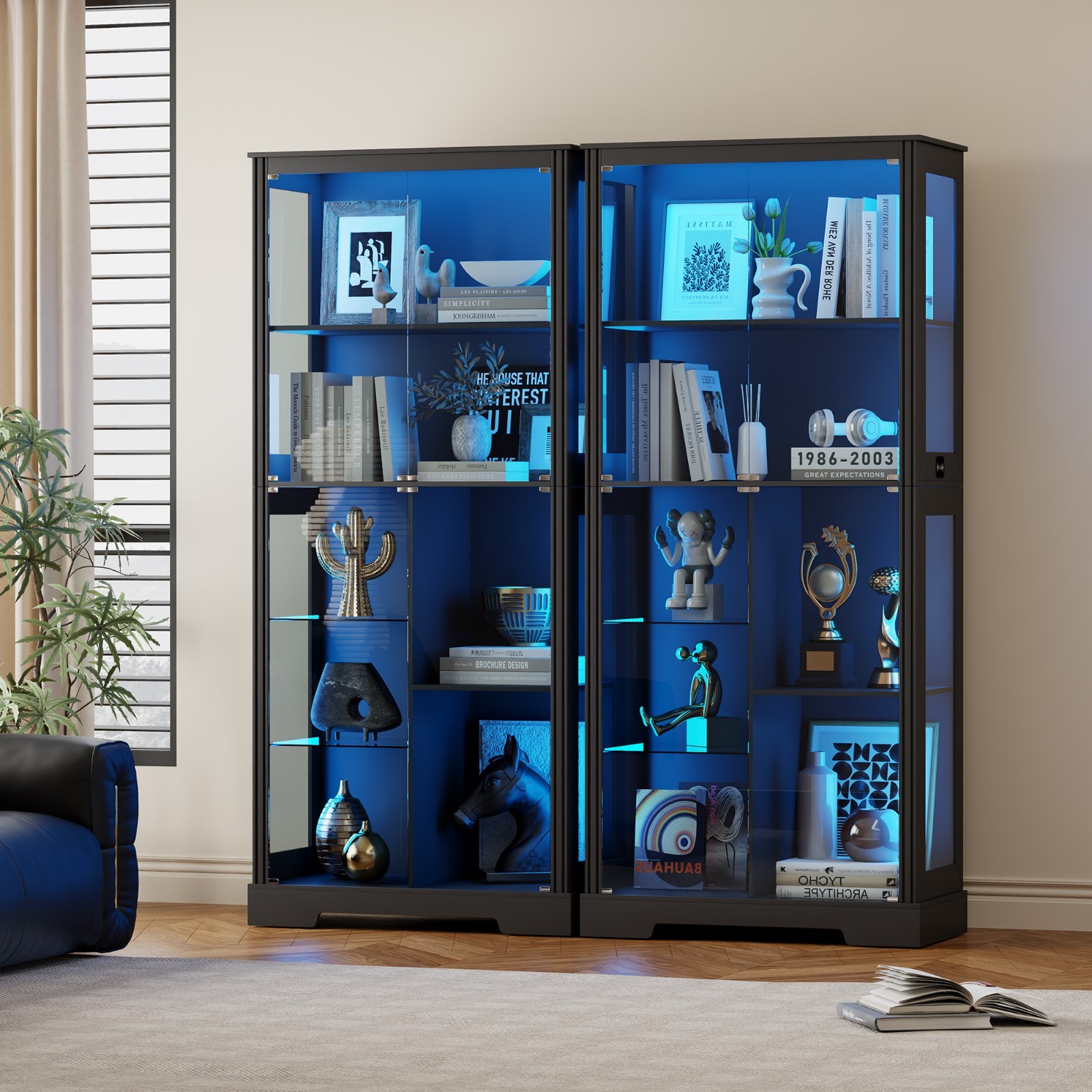 Display Cabinet with Doors, Curio Cabinet with LED Lights and Adjustable Shelves