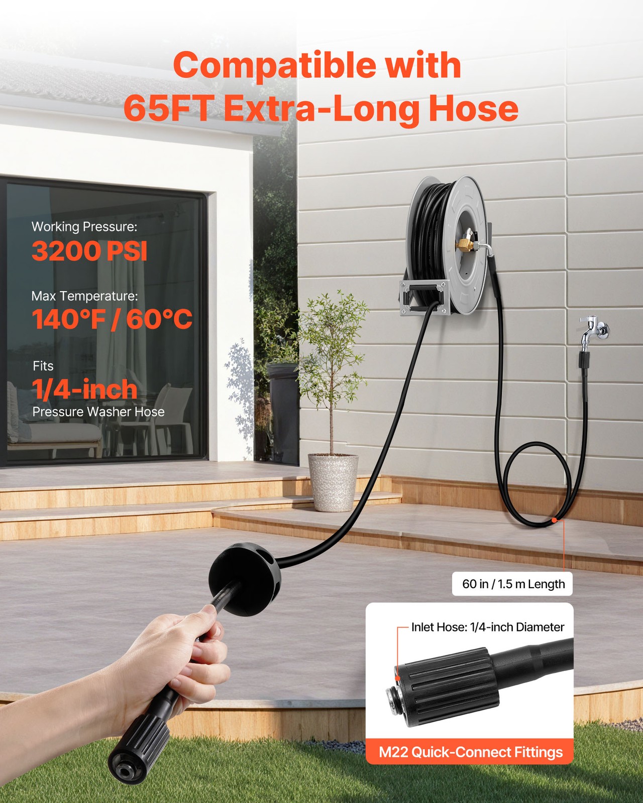 VEVOR Pressure Washer Hose Reel 65ft x 1/4in Retractable 3200PSI Auto-Rewinding