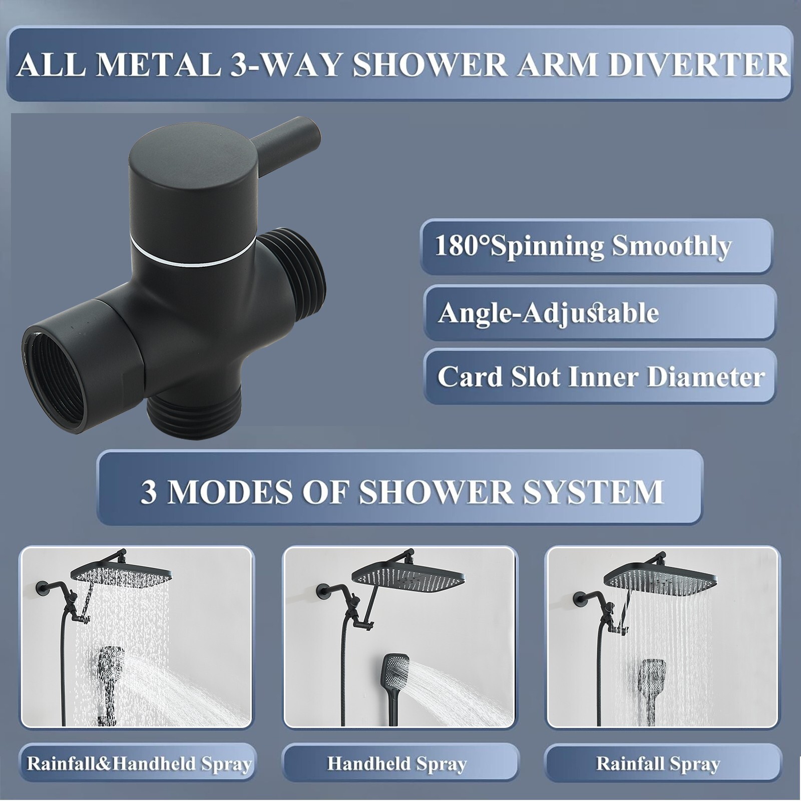 Black Rain Shower Head with Handheld Spray Set High Pressure 16" Adjustable Arm