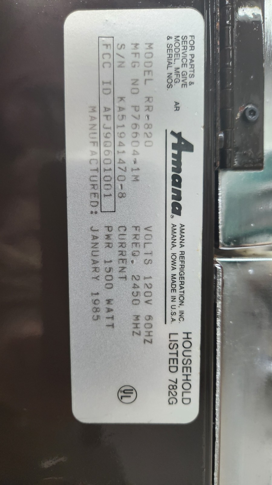 Chrome Amana Radarange Touchmatic Microwave RR-820 Very clean, orig box WORKS!