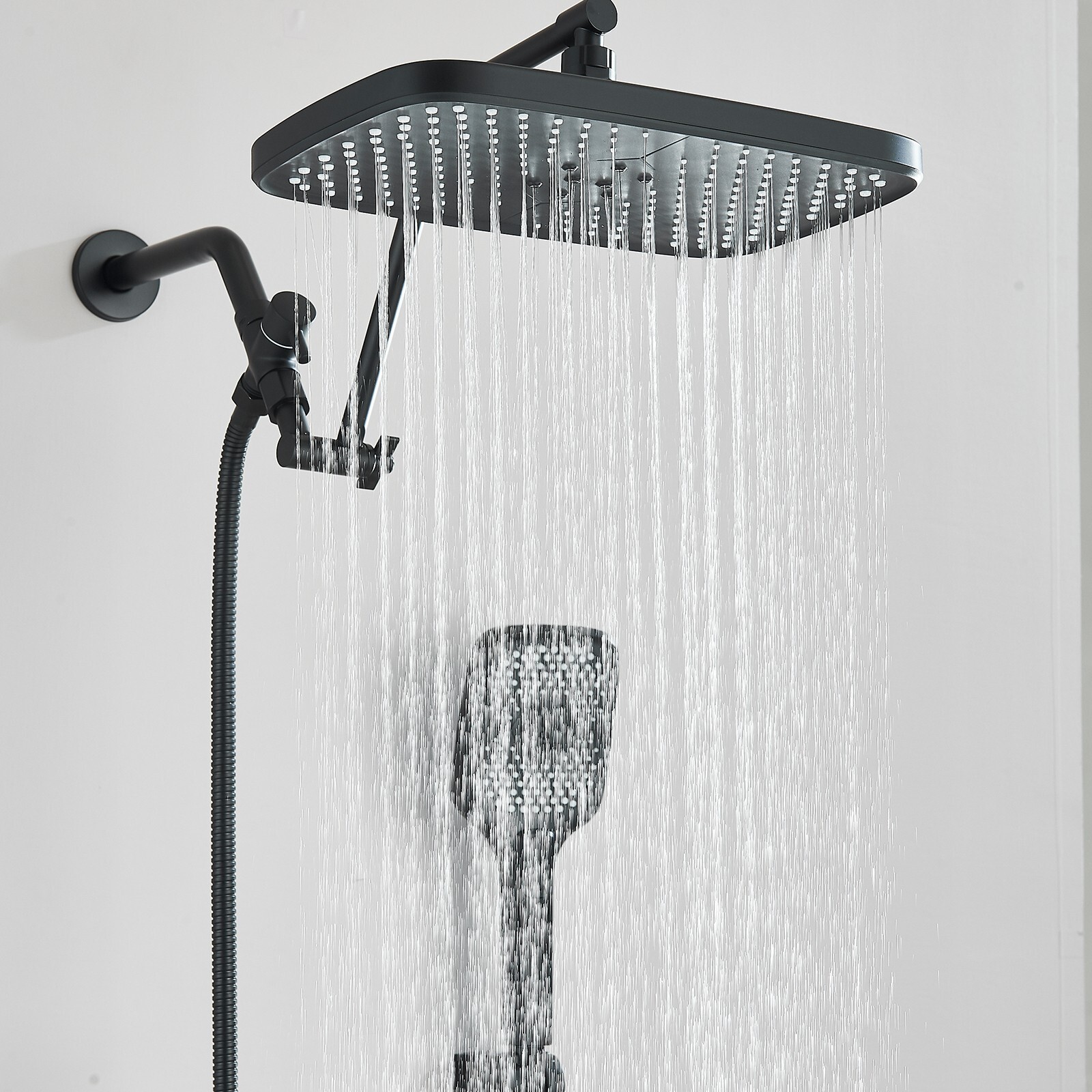 Black Rain Shower Head with Handheld Spray Set High Pressure 16" Adjustable Arm