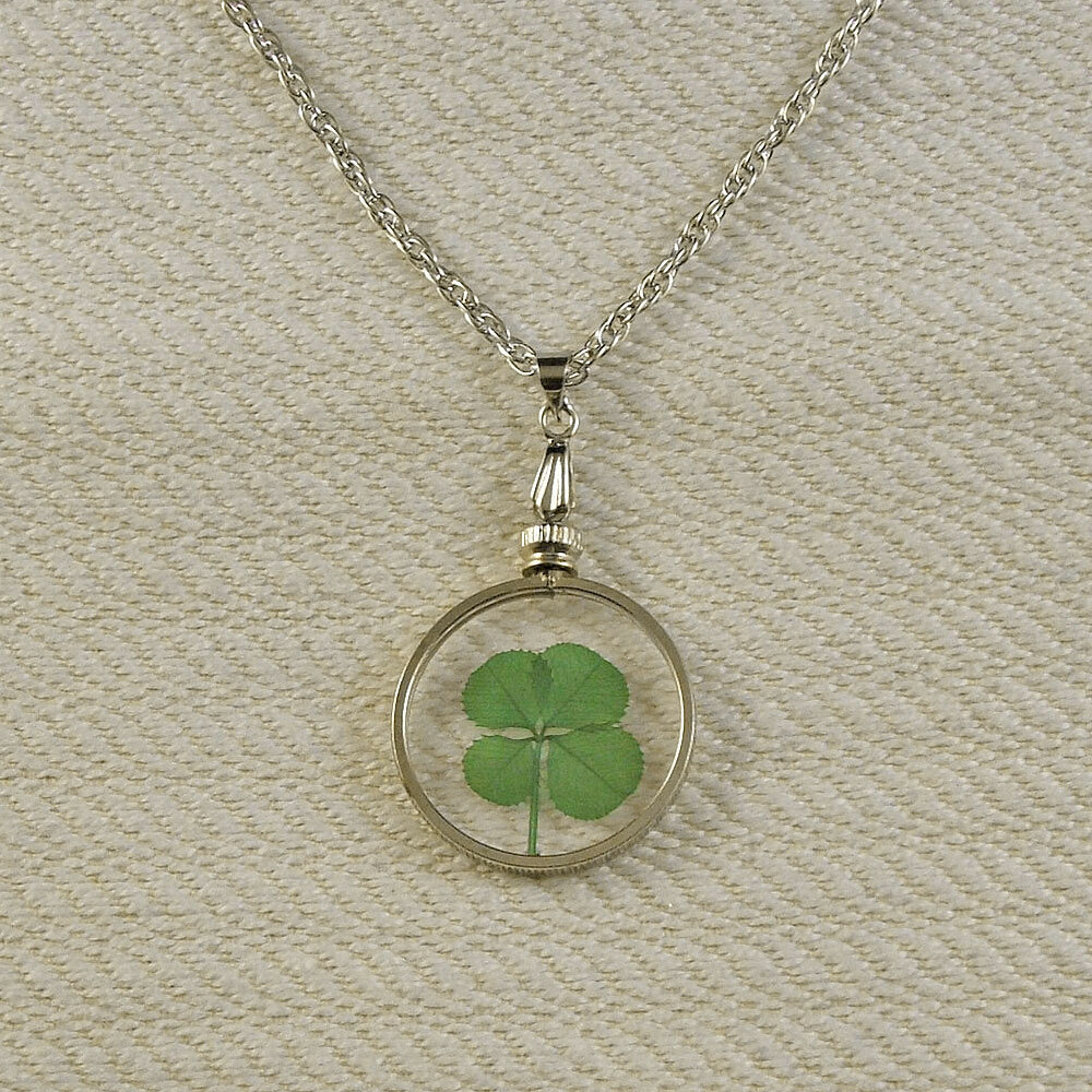Good Luck Charm Silver Necklace with a Real Four Leaf Clover Item SN-4J