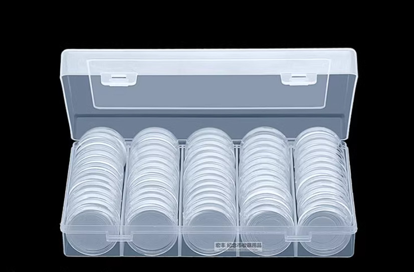 100 PCS 30mm Clear Round Coin Capsules Plastic Coin Holders & White Gaskets &Box