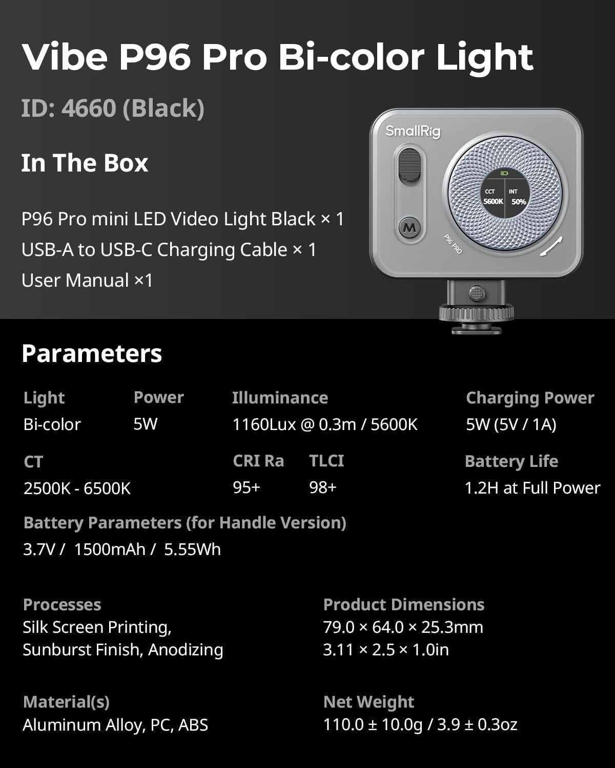 SmallRig Vibe P96 Pro Led Video Light Camera Light for Vlog 4660