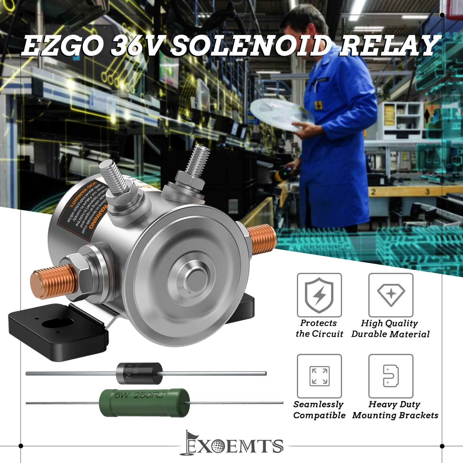 EZGO 36V Solenoid with Mount Bracket, #70 Series Continuous Duty silver