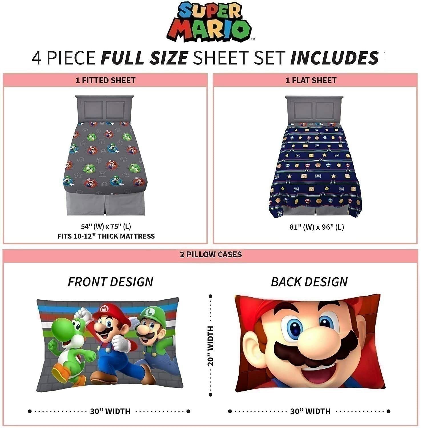 SUPER MARIO Trifecta Fun 4-Piece Full Size Sheet Set