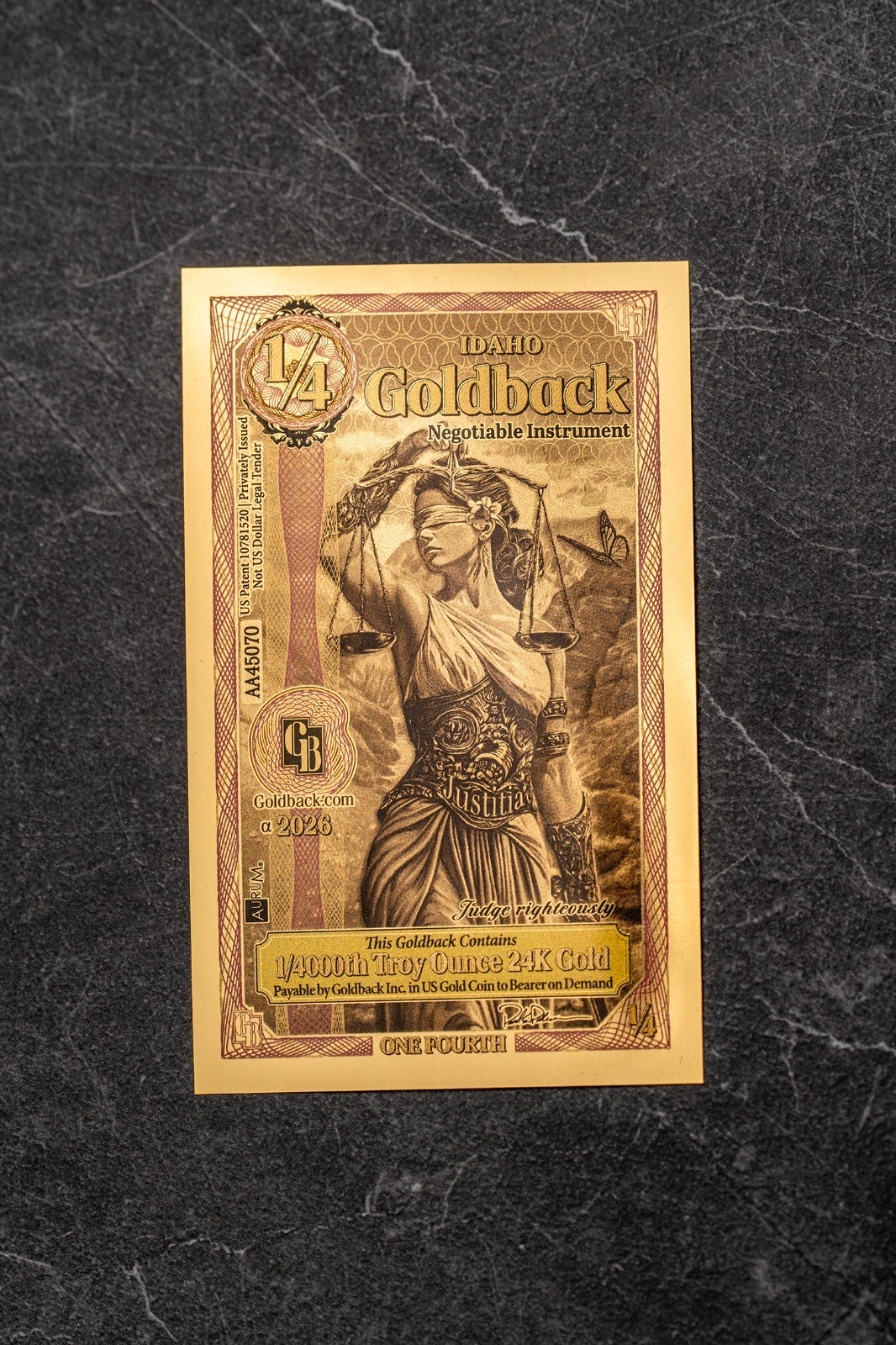 2026 - 1/4 IDAHO Goldback Aurum Gold Foil Note 1/4000 oz 24kt .999 Fine PRESALE