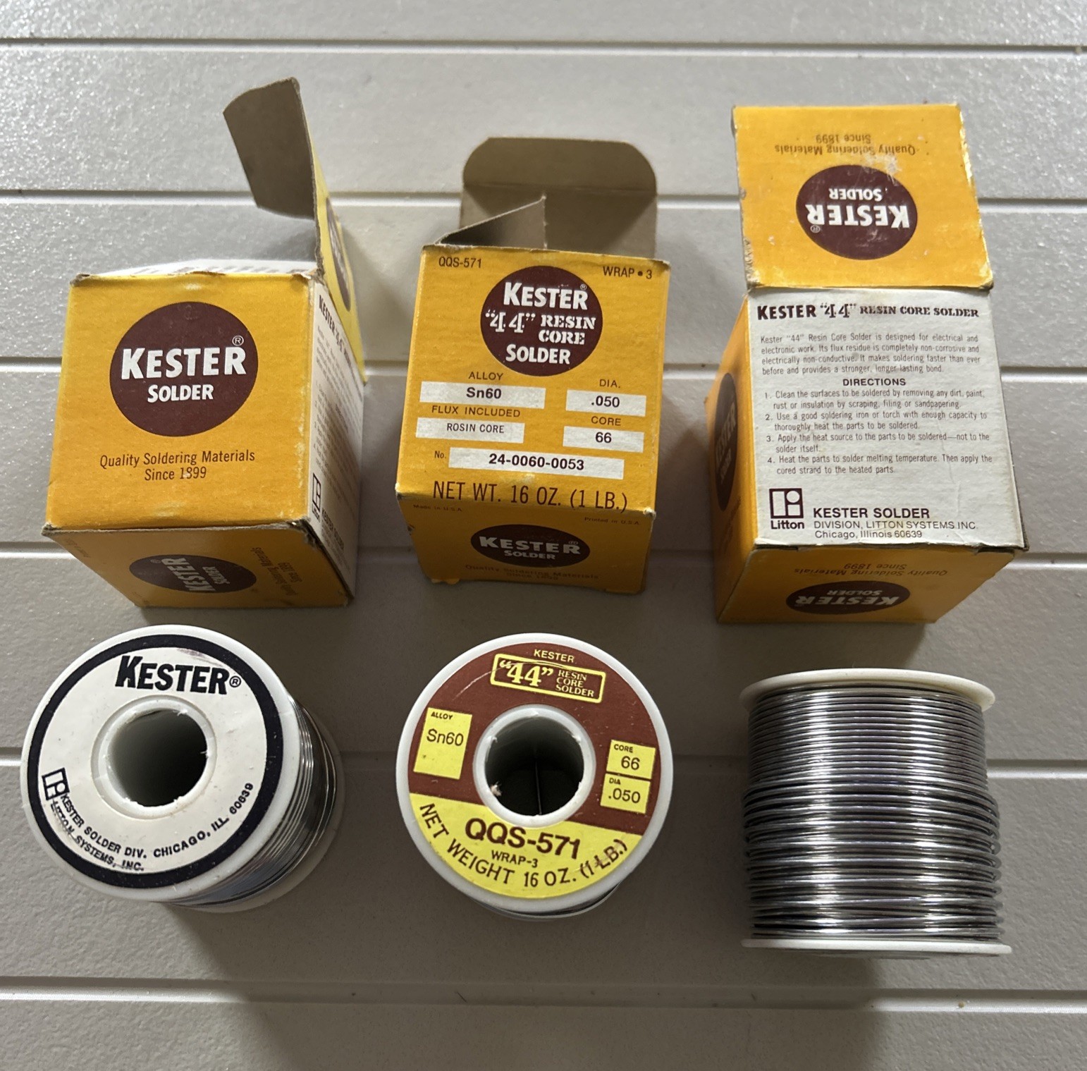 VINTAGE KESTER "44" ROSIN CORE SOLDER 66 SN60 .050 Dia NOS 3 Ea. 1 Lb. Boxes