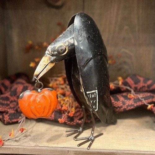 NEW Primitive HALLOWEEN RAVEN RECYCLED METAL PUMPKIN Black Farmhouse FALL 11.5"T