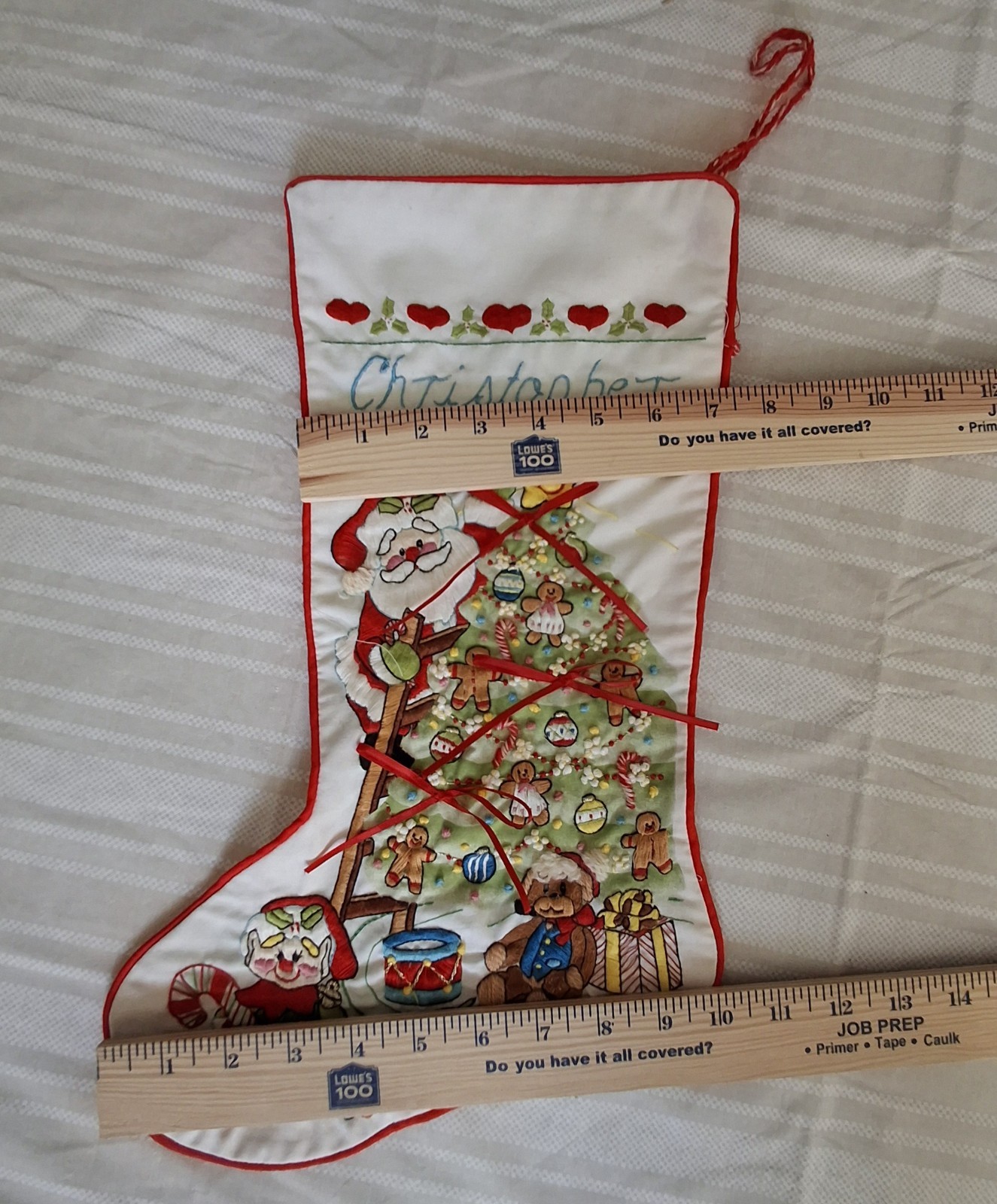 VTG 1980s Janlynn Steinmeyer Hand Embroidered Crewel Christmas Stocking Santa
