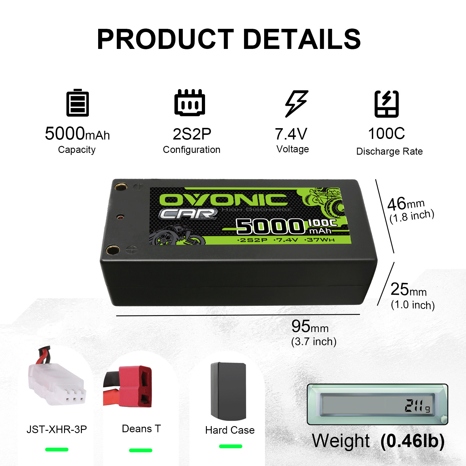 Ovonic 7.4V 2S 5000mAh 100C Shorty LiPo battery for Electric Race Buggy / F110
