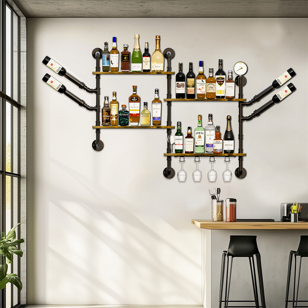Industrial Pipe Bar Wall Liquor Shelf Floating Shelves with Wine Glass Holder
