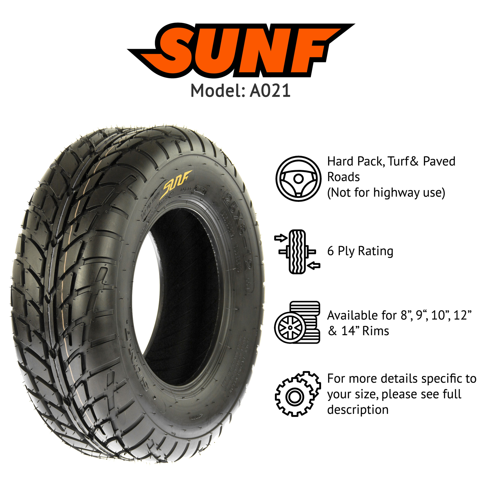 SunF 145/70-6 145/70x6 Hardpack Race Sport ATV UTV Tire 6 PR Tubeless - A021