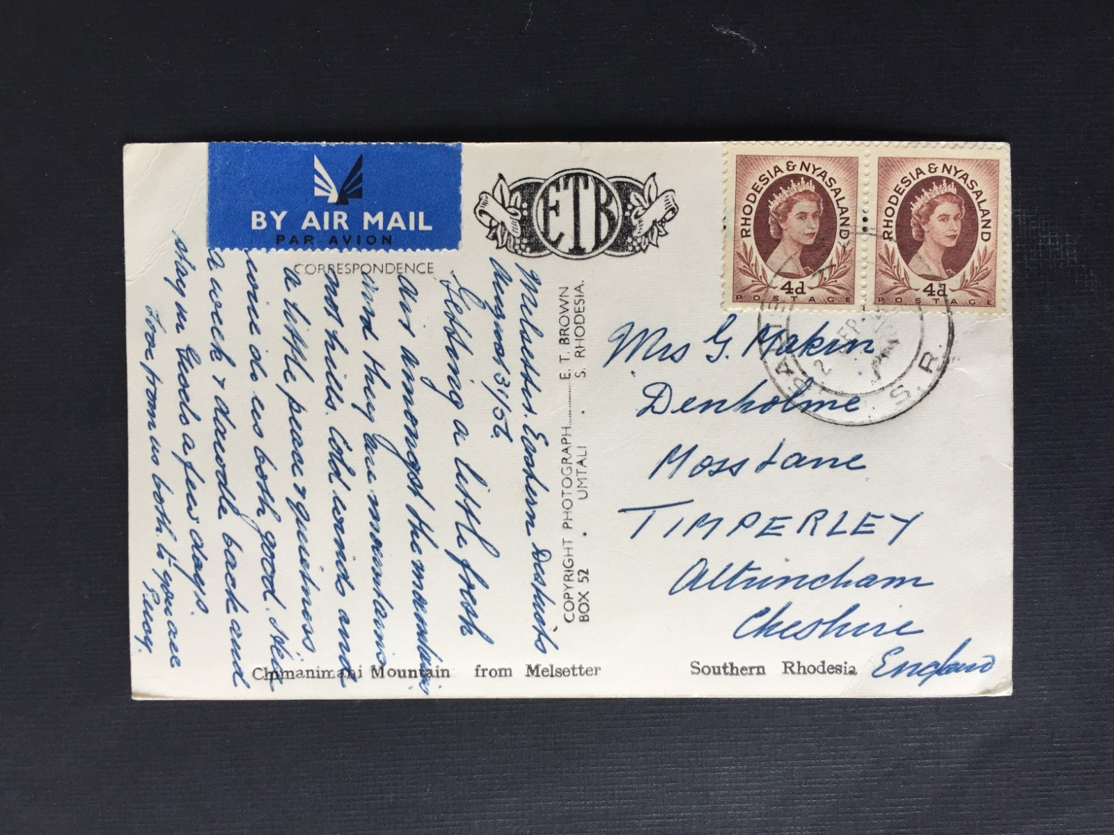 RHODESIA & NYASALAND 1956 4d x 2 (PAIR) ON POSTCARD TO ALTRINCHAM GB