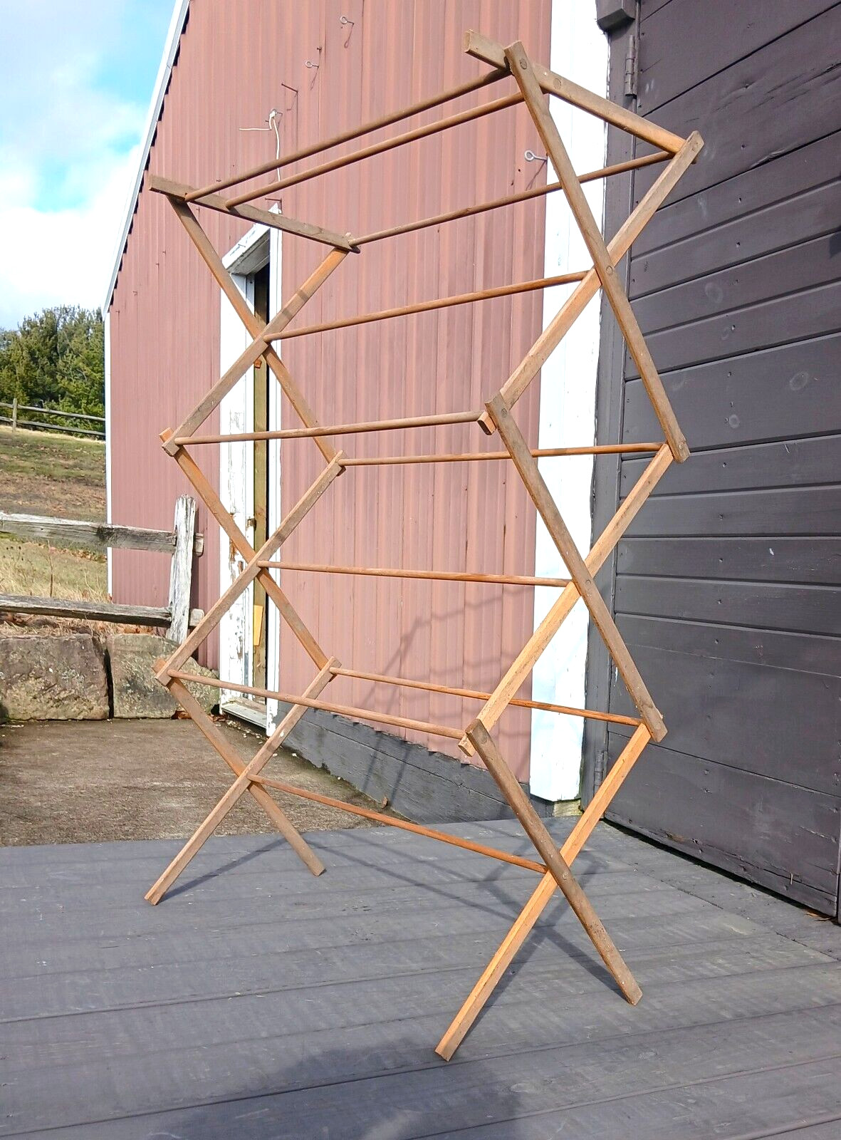 Antique Wooden Laundry Clothes Drying Rack Folding and Expandable 1930s