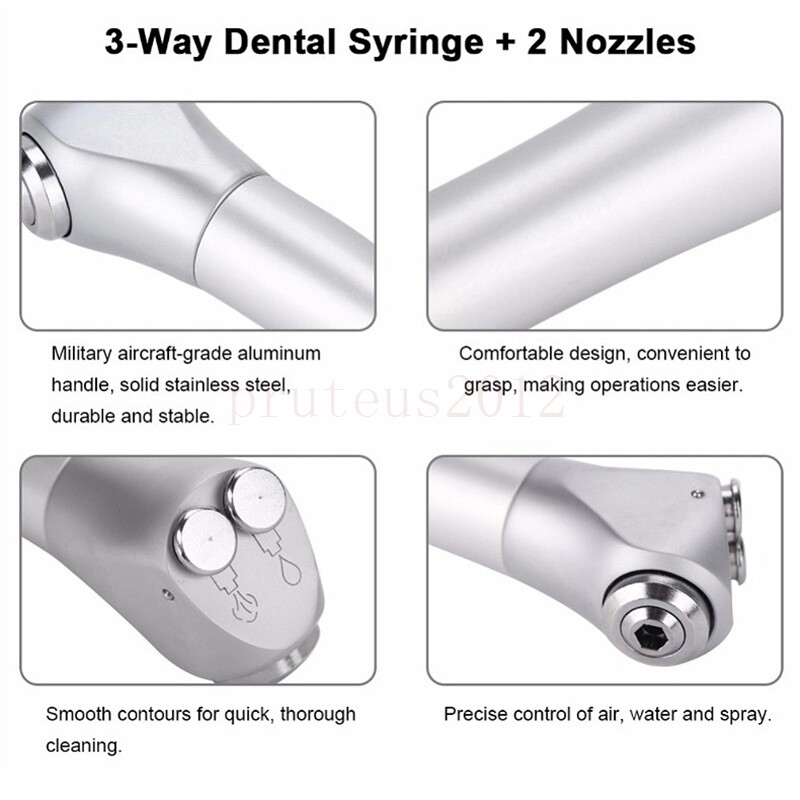 Dental 3 Way Air Water Syringe Triple Spray Handpiece with 2 Nozzles Tips Tubes