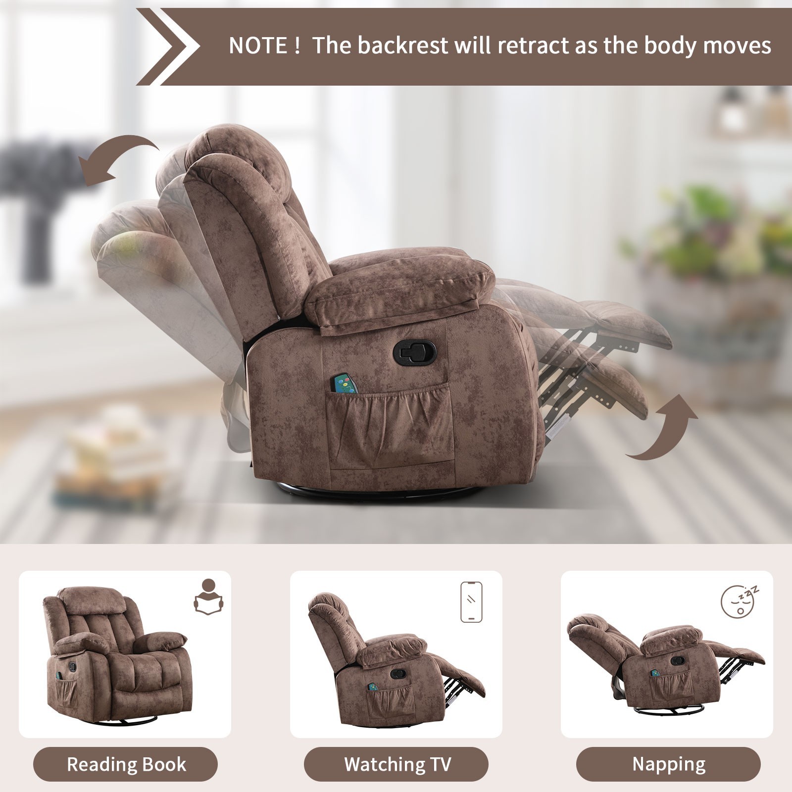 EBELLO Manual Massage Rocker Recliner with Heat & Vibration 360 Degree Swivel