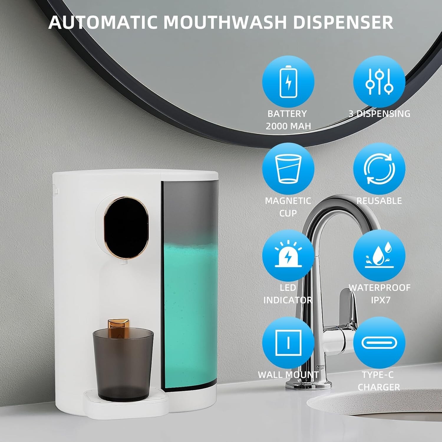 Automatic Mouthwash Dispenser Touch-Control Levels Wall Mounted Rechargeable