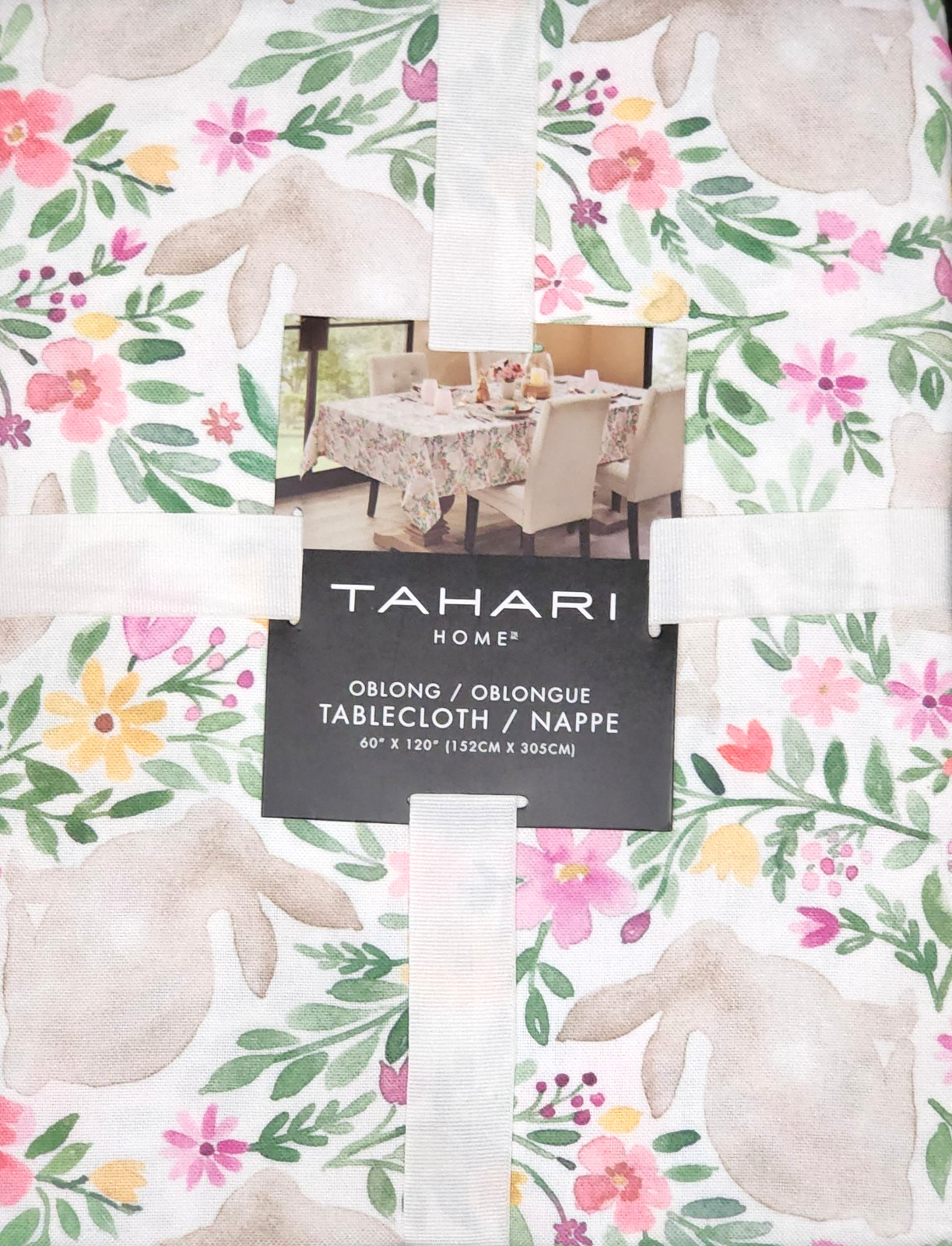 Tahari Floral Bunny Easter Tablecloth 60x120 Oblong Pastel Spring Garden PRETTY