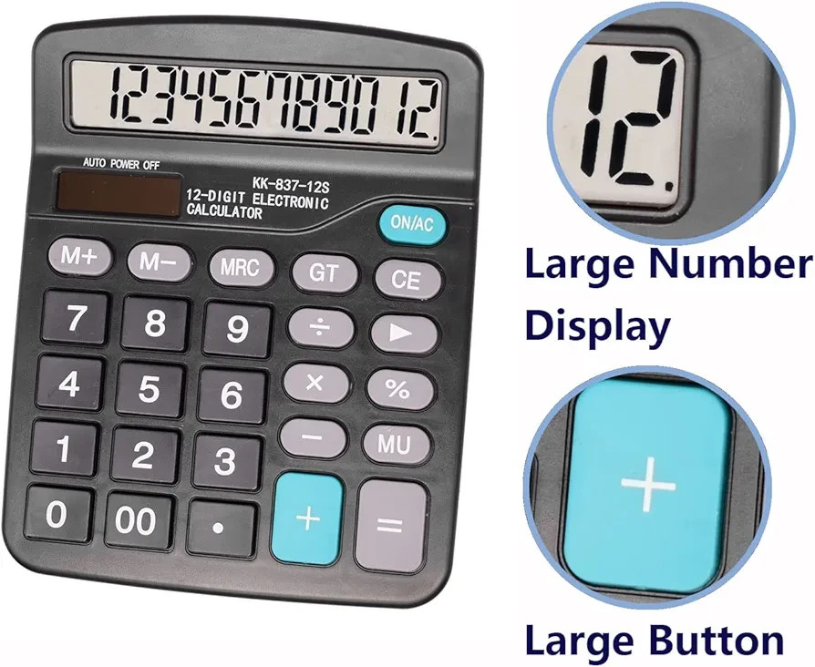 Desk Calculator, 12-Digit Solar Battery Office Calculator with Large LCD Display