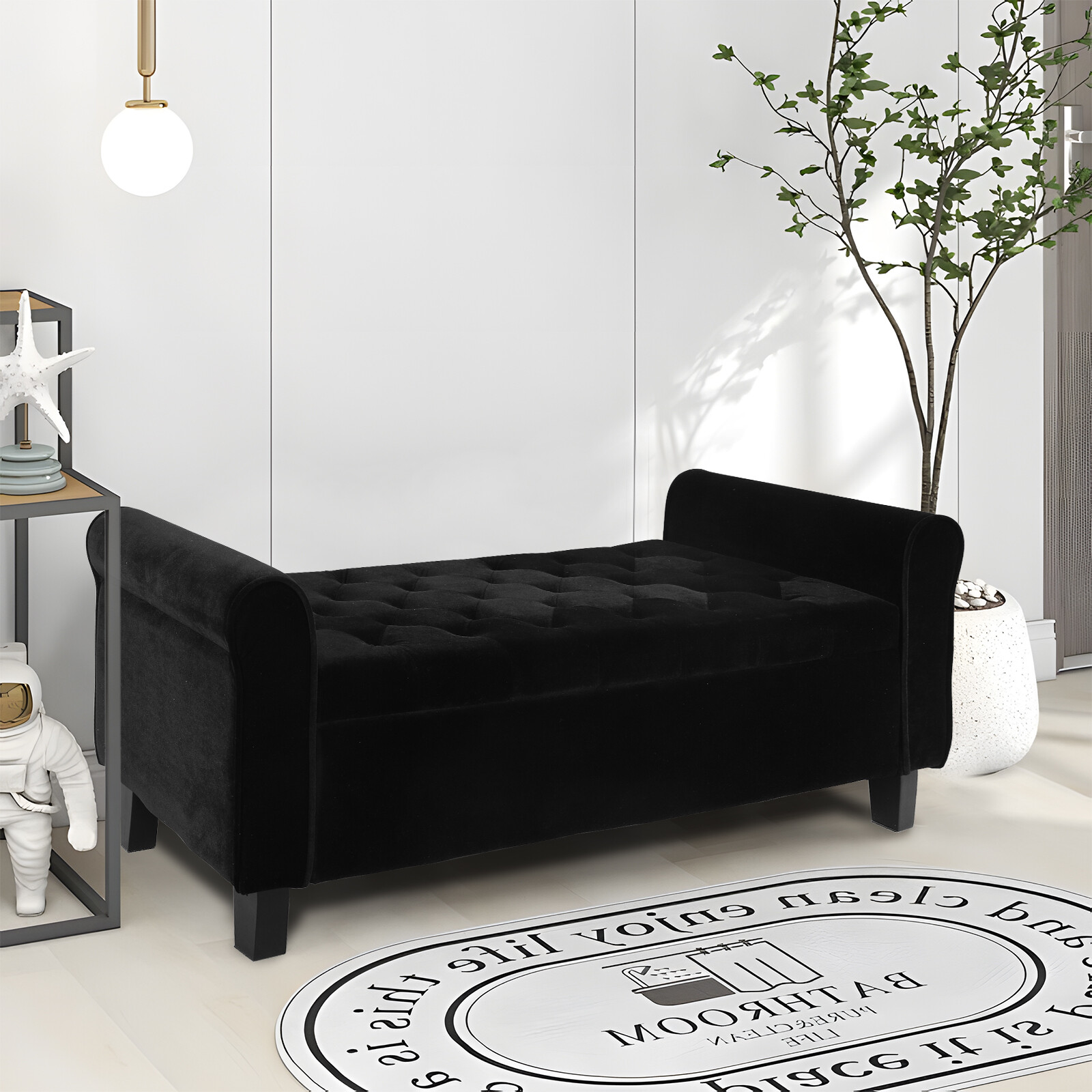 51" Velvet Storage Bench with Ottoman End of Bed Upholstered Couch Black