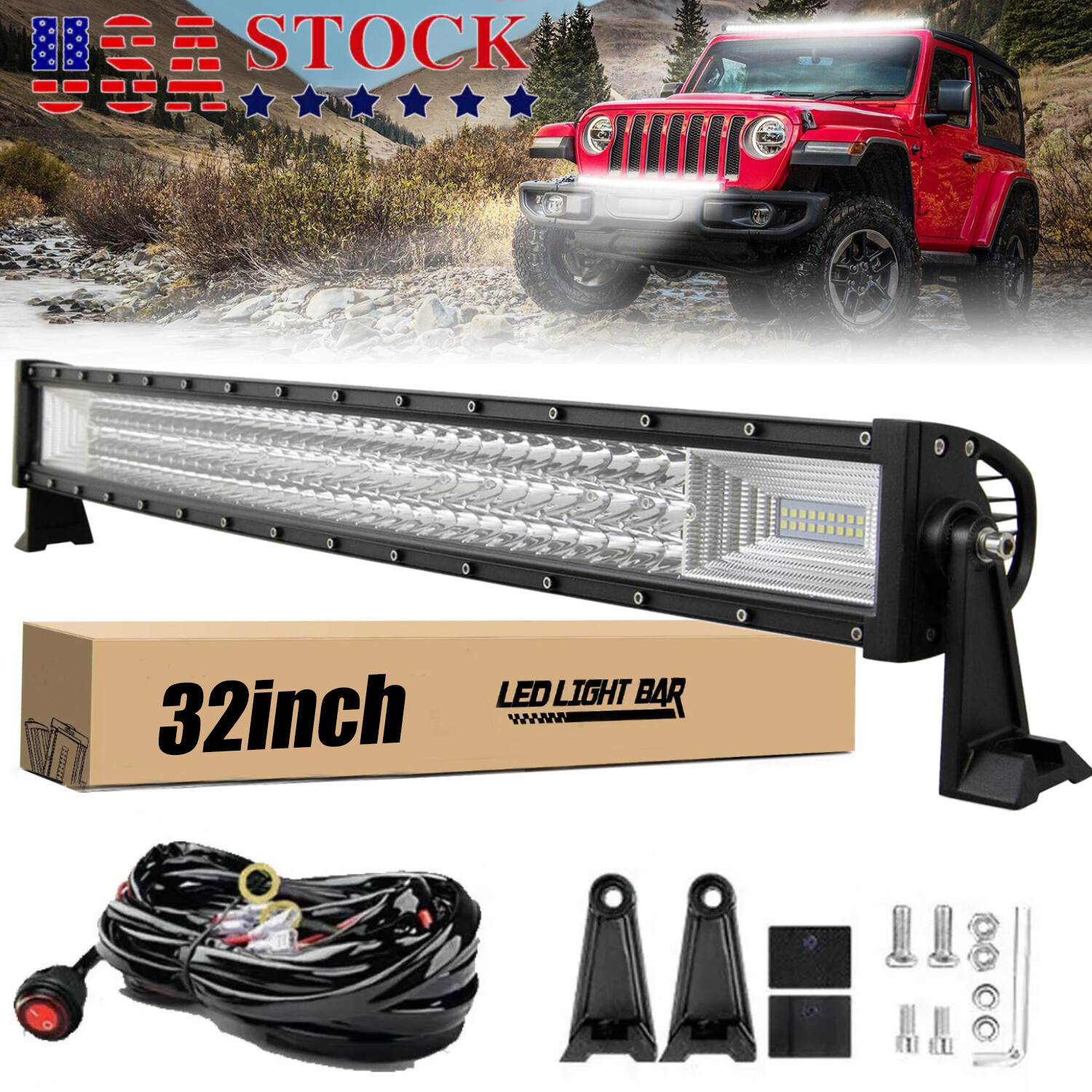 32 Inch LED LIGHT BAR Tri Row Spot Flood Combo Truck Offroad 4WD ATV SUV Light