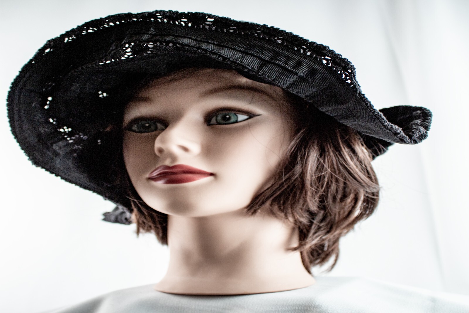 1950's Vintage Black Lace Cotton Women Floppy Bucket Hat Size M 7.1/8