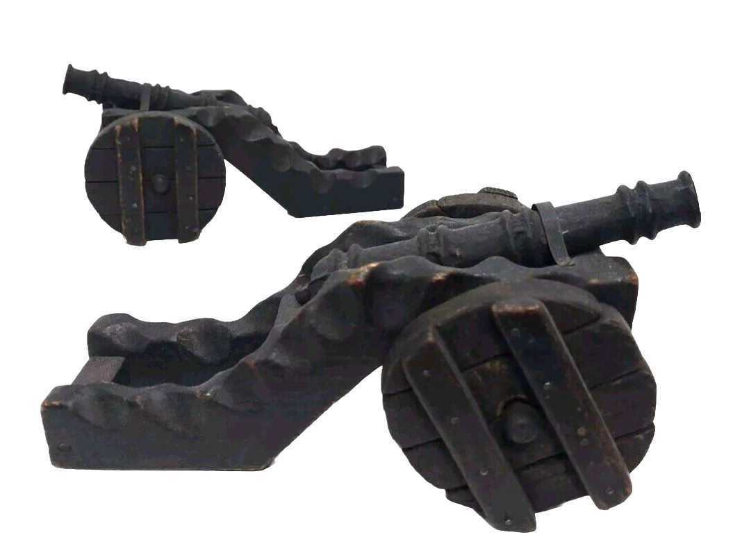 Set 2 Antique Cast Iron Wood Model Miniature Field Gun 10" Cannon On Wheels Toy