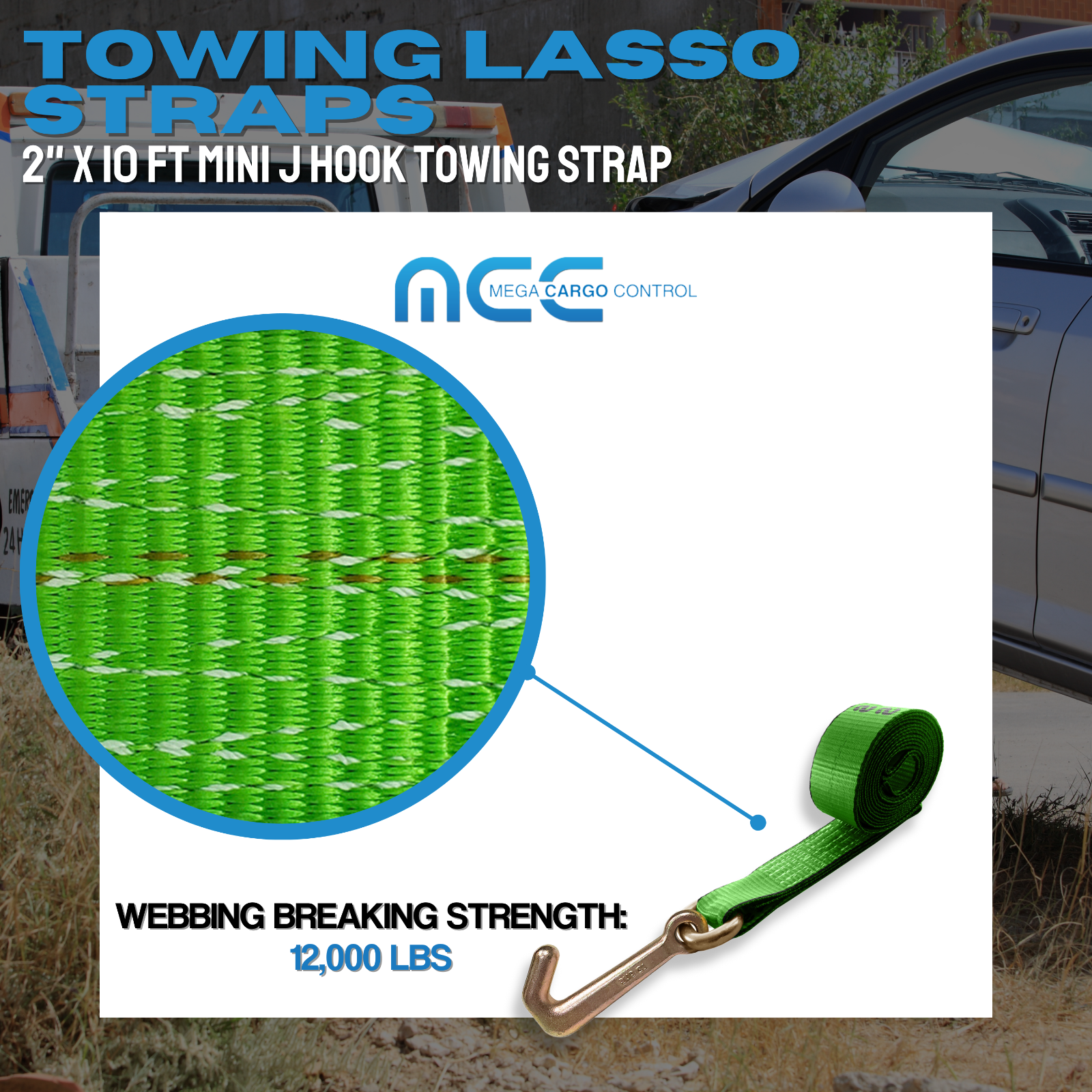 Heavy Duty G70 2" x 10' Mini J Hook Towing Trailer Wrecker Lasso Tie Down Strap