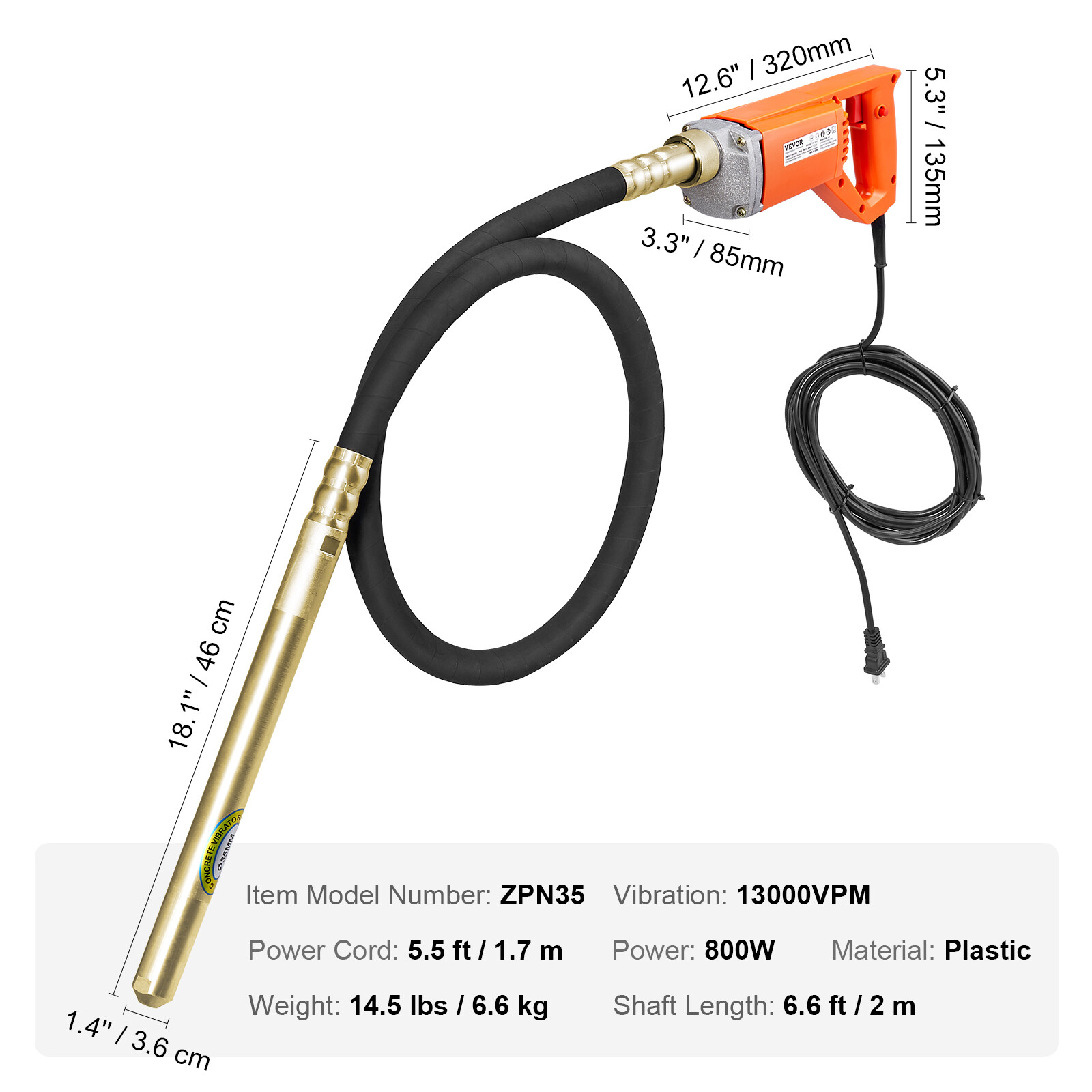 VEVOR Handheld Electric Concrete Vibrator 800W 6.6 feet Shaft Air Bubble Remover