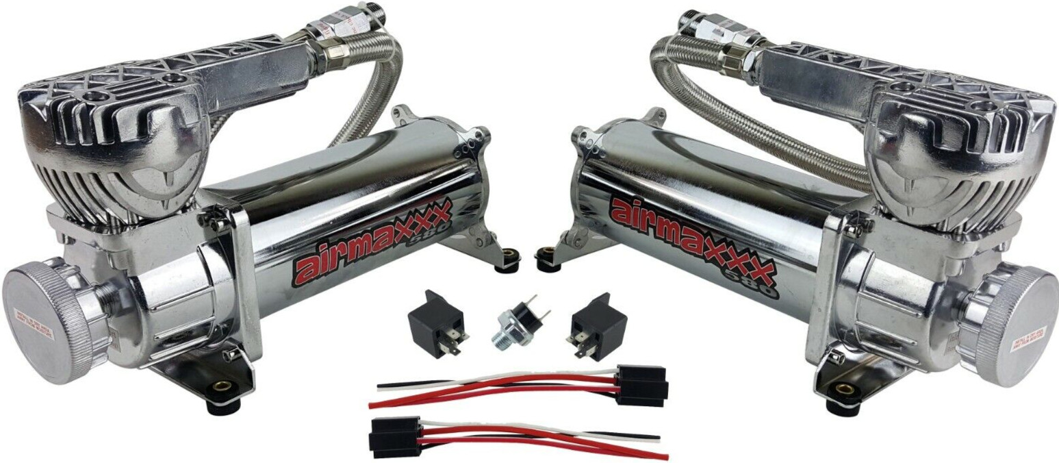 airmaxxx Dual 580 Chrome Compressors with 150/180 Switch & Filter Relocate Kit